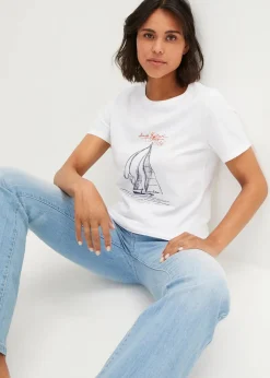 bonprix Shirts & Tops|Nachhaltigere Materialien^Baumwoll T-Shirt mit Seitenschlitz und Druck weiß bedruckt