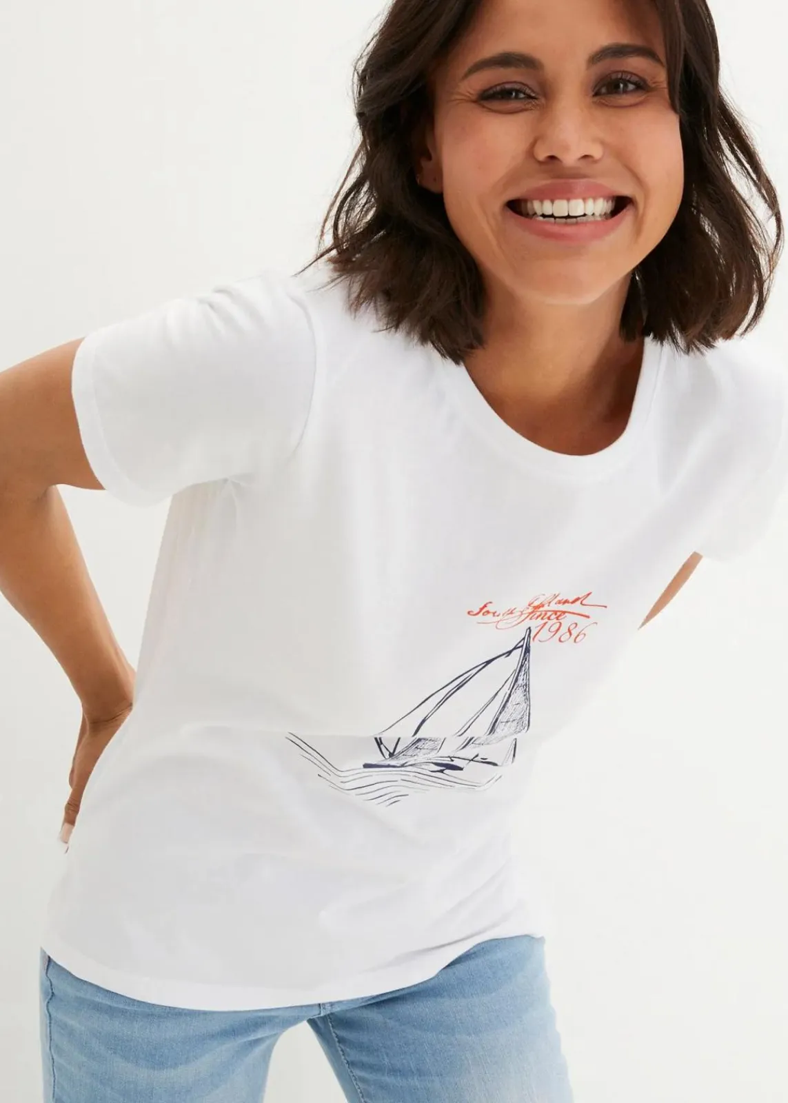 bonprix Shirts & Tops|Nachhaltigere Materialien^Baumwoll T-Shirt mit Seitenschlitz und Druck weiß bedruckt