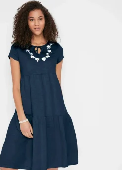 bonprix Bekleidung·Pullover & Strickjacken|Kleider^Baumwoll Tunika-Kleid, kurzarm dunkelblau geblümt