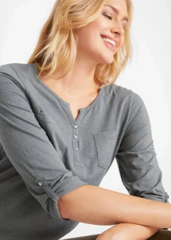 bonprix Shirts & Tops^Baumwoll-Henleyshirt mit Knopfleiste rauchgrau meliert