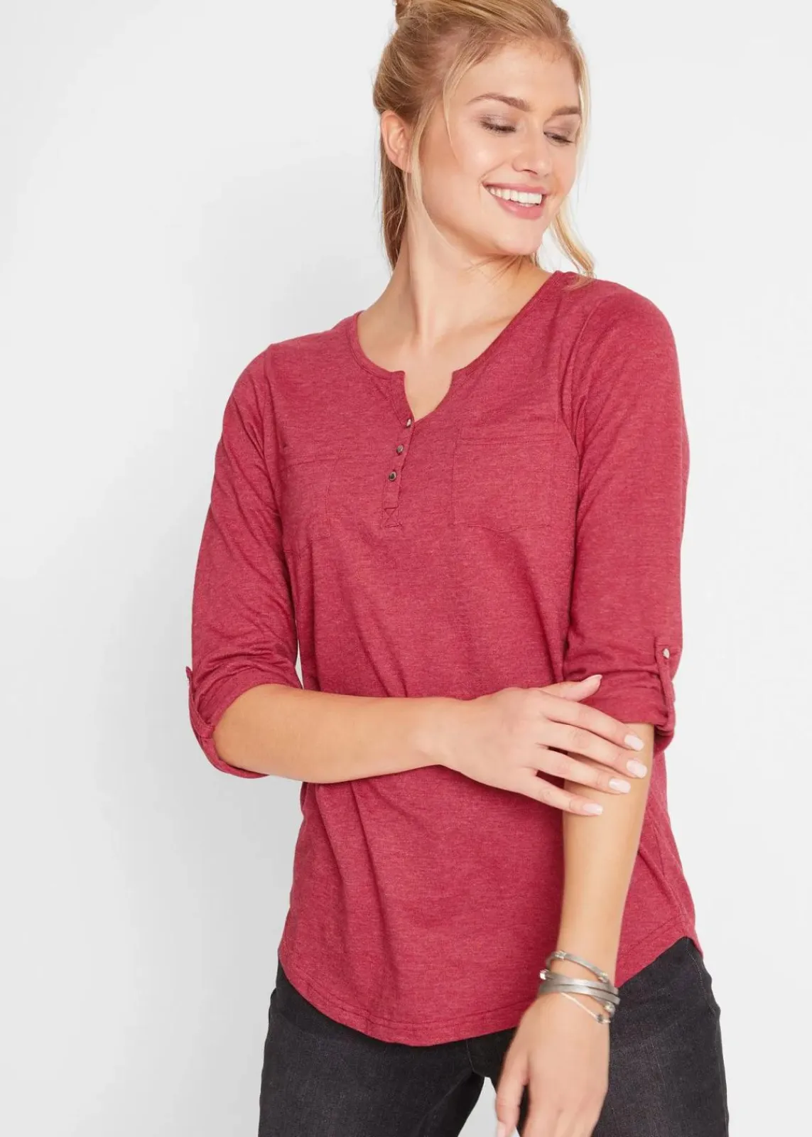 bonprix Shirts & Tops^Baumwoll-Henleyshirt mit Knopfleiste abendrot meliert