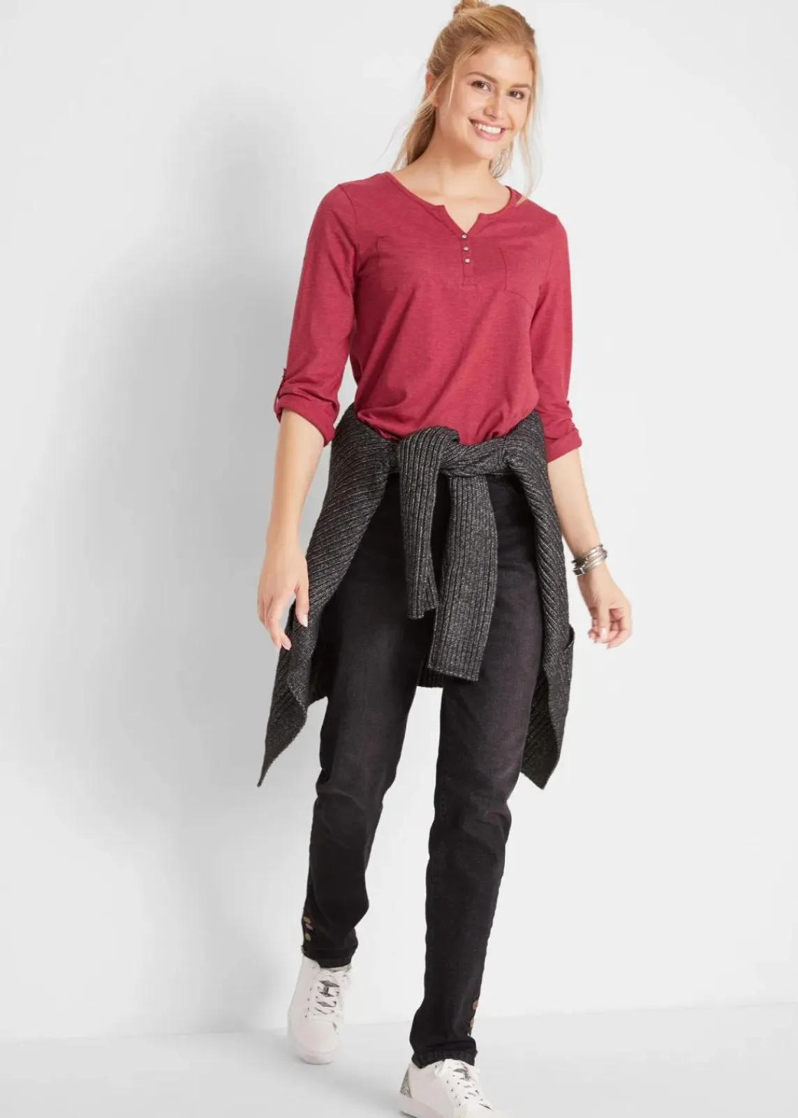 bonprix Shirts & Tops^Baumwoll-Henleyshirt mit Knopfleiste abendrot meliert