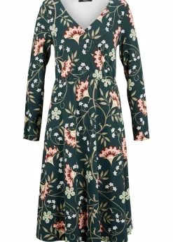 bonprix Bekleidung·Pullover & Strickjacken|Kleider^Baumwoll-Jerseykleid in Wickeloptik tiefgrün geblümt