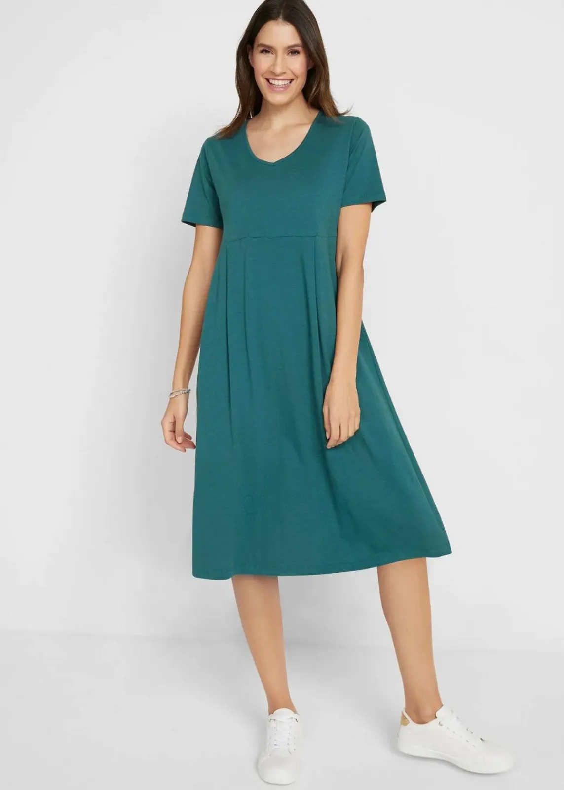 bonprix Kleider|Bekleidung·Pullover & Strickjacken^Baumwoll-Jerseykleid, Midilänge pfeffergrün uni