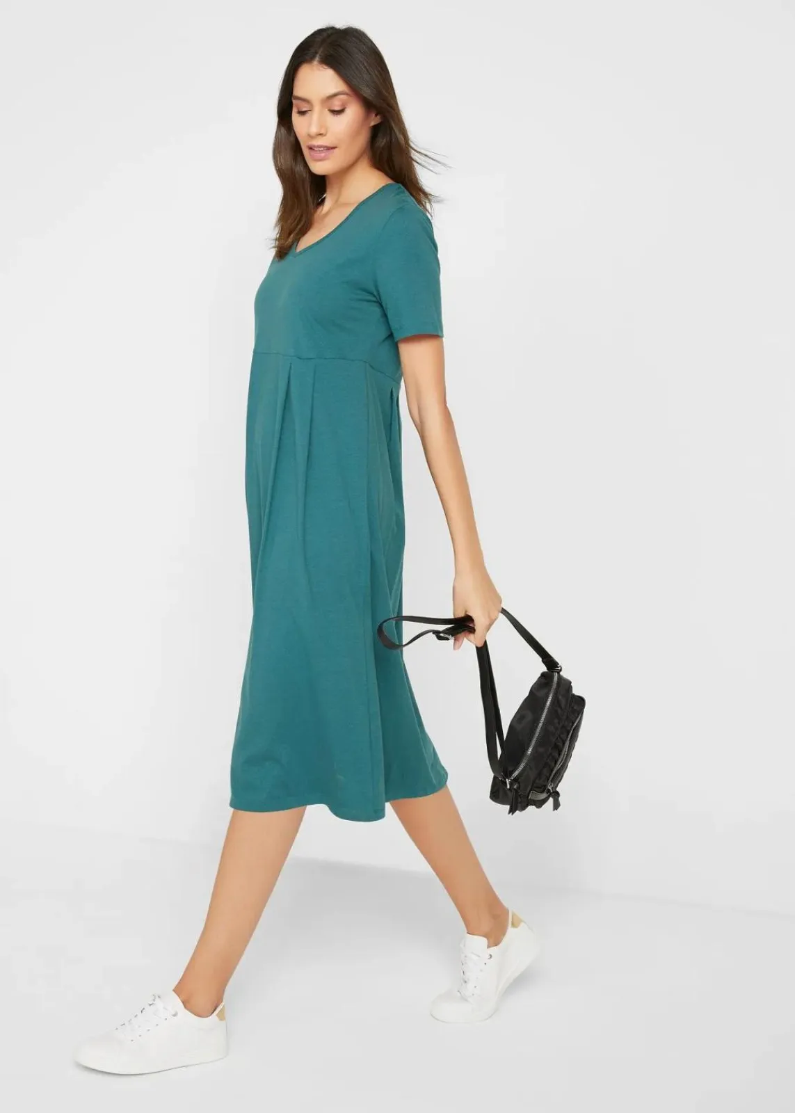 bonprix Kleider|Bekleidung·Pullover & Strickjacken^Baumwoll-Jerseykleid, Midilänge pfeffergrün uni