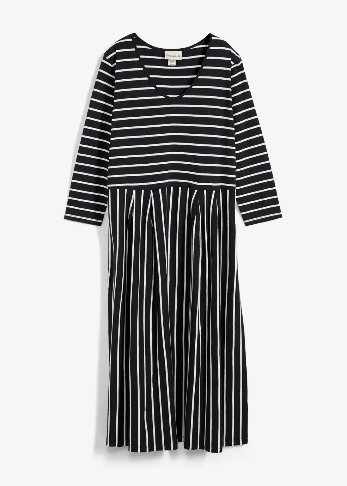 bonprix Bekleidung·Pullover & Strickjacken|Kleider^Baumwoll-Jerseykleid, Midilänge schwarz/wollweiß gestreift