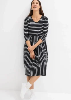 bonprix Bekleidung·Pullover & Strickjacken|Kleider^Baumwoll-Jerseykleid, Midilänge schwarz/wollweiß gestreift