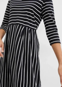 bonprix Bekleidung·Pullover & Strickjacken|Kleider^Baumwoll-Jerseykleid, Midilänge schwarz/wollweiß gestreift
