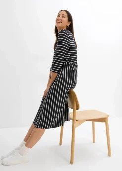 bonprix Bekleidung·Pullover & Strickjacken|Kleider^Baumwoll-Jerseykleid, Midilänge schwarz/wollweiß gestreift