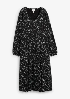 bonprix Kleider|Bekleidung·Pullover & Strickjacken^Baumwoll-Jerseykleid, Midilänge schwarz/wollweiß gepunktet