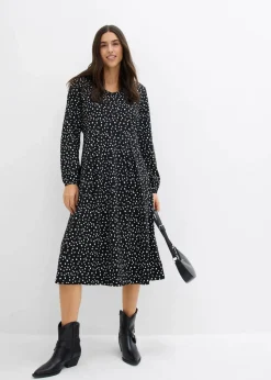 bonprix Kleider|Bekleidung·Pullover & Strickjacken^Baumwoll-Jerseykleid, Midilänge schwarz/wollweiß gepunktet