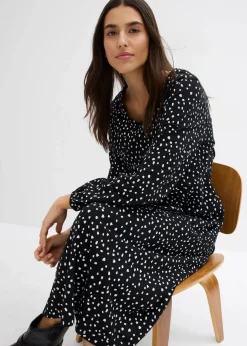 bonprix Kleider|Bekleidung·Pullover & Strickjacken^Baumwoll-Jerseykleid, Midilänge schwarz/wollweiß gepunktet
