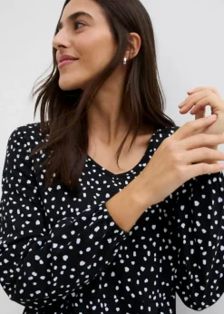 bonprix Kleider|Bekleidung·Pullover & Strickjacken^Baumwoll-Jerseykleid, Midilänge schwarz/wollweiß gepunktet