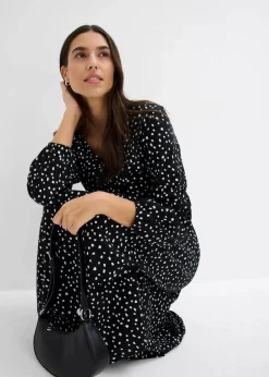 bonprix Kleider|Bekleidung·Pullover & Strickjacken^Baumwoll-Jerseykleid, Midilänge schwarz/wollweiß gepunktet