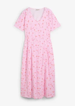 bonprix Kleider|Bekleidung·Pullover & Strickjacken^Baumwoll-Jerseykleid, Midilänge rosa/lachsorange/weiß