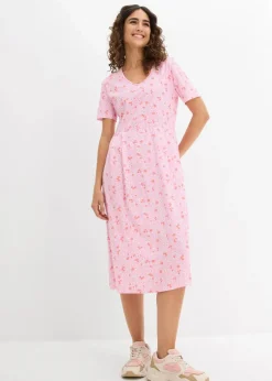 bonprix Kleider|Bekleidung·Pullover & Strickjacken^Baumwoll-Jerseykleid, Midilänge rosa/lachsorange/weiß