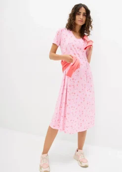 bonprix Kleider|Bekleidung·Pullover & Strickjacken^Baumwoll-Jerseykleid, Midilänge rosa/lachsorange/weiß