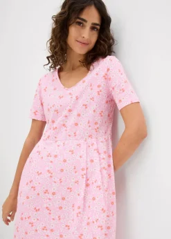 bonprix Kleider|Bekleidung·Pullover & Strickjacken^Baumwoll-Jerseykleid, Midilänge rosa/lachsorange/weiß