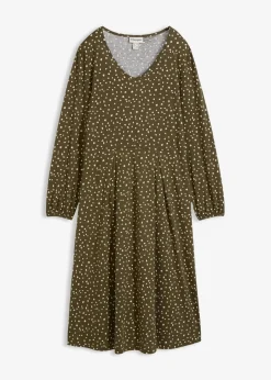 bonprix Bekleidung·Pullover & Strickjacken|Kleider^Baumwoll-Jerseykleid, Midilänge dunkeloliv/hellsand
