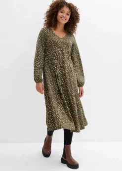 bonprix Bekleidung·Pullover & Strickjacken|Kleider^Baumwoll-Jerseykleid, Midilänge dunkeloliv/hellsand