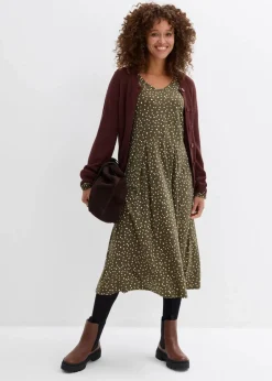 bonprix Bekleidung·Pullover & Strickjacken|Kleider^Baumwoll-Jerseykleid, Midilänge dunkeloliv/hellsand