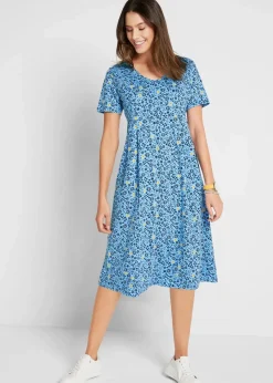 bonprix Kleider|Bekleidung·Pullover & Strickjacken^Baumwoll-Jerseykleid, Midilänge babyblau/tulpengelb geblümt