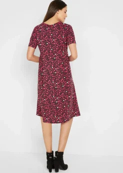 bonprix Kleider|Bekleidung·Pullover & Strickjacken^Baumwoll-Jerseykleid, Midilänge schwarz/granatapfelrot geblümt