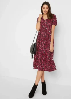 bonprix Kleider|Bekleidung·Pullover & Strickjacken^Baumwoll-Jerseykleid, Midilänge schwarz/granatapfelrot geblümt