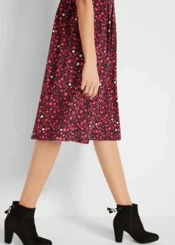 bonprix Kleider|Bekleidung·Pullover & Strickjacken^Baumwoll-Jerseykleid, Midilänge schwarz/granatapfelrot geblümt
