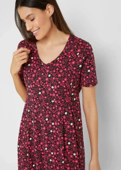 bonprix Kleider|Bekleidung·Pullover & Strickjacken^Baumwoll-Jerseykleid, Midilänge schwarz/granatapfelrot geblümt