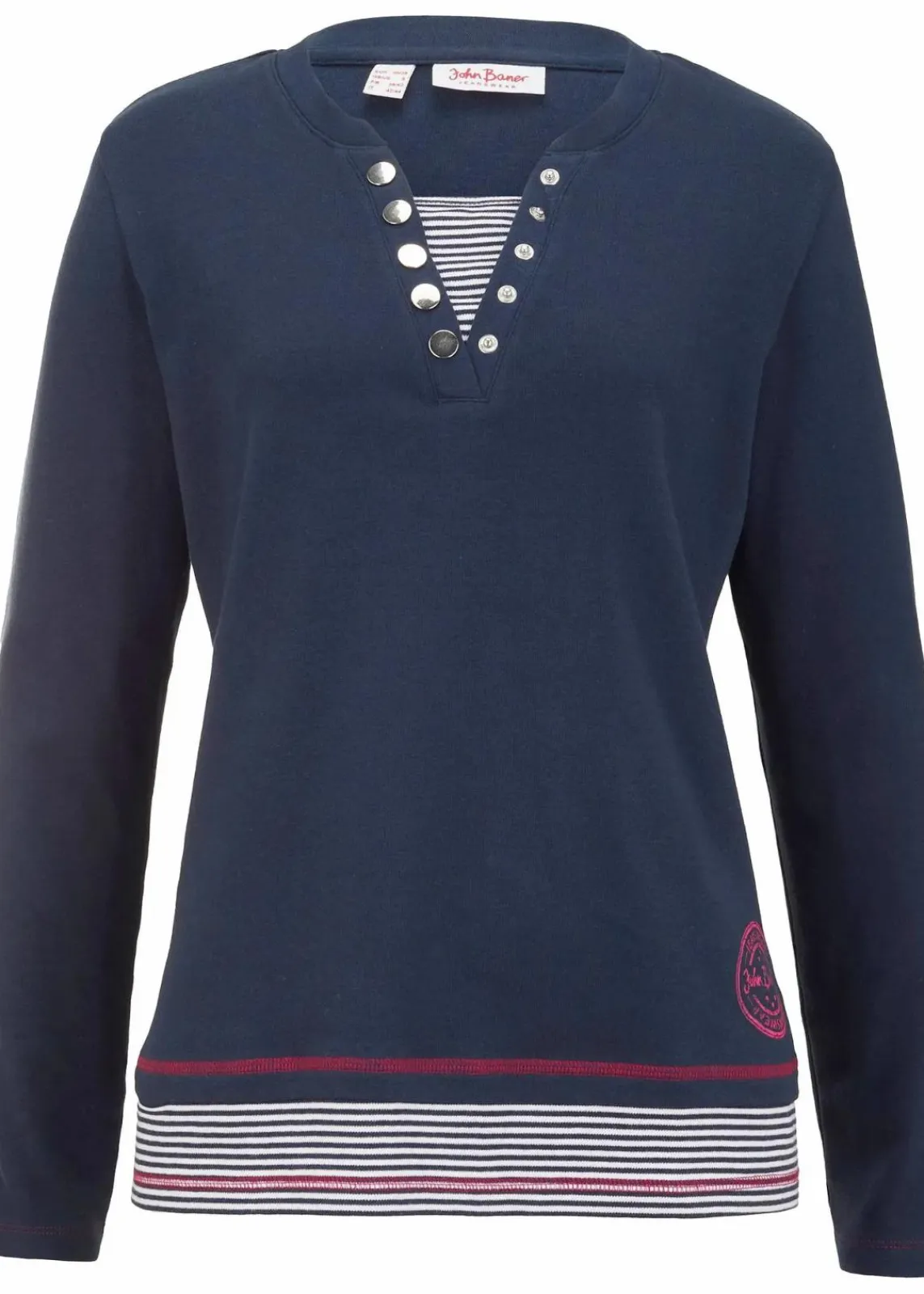 bonprix Nachhaltigere Materialien|Shirts & Tops^Baumwoll-Langarmshirt, 2 in 1-Optik dunkelblau/pinklady/weiß gestreift