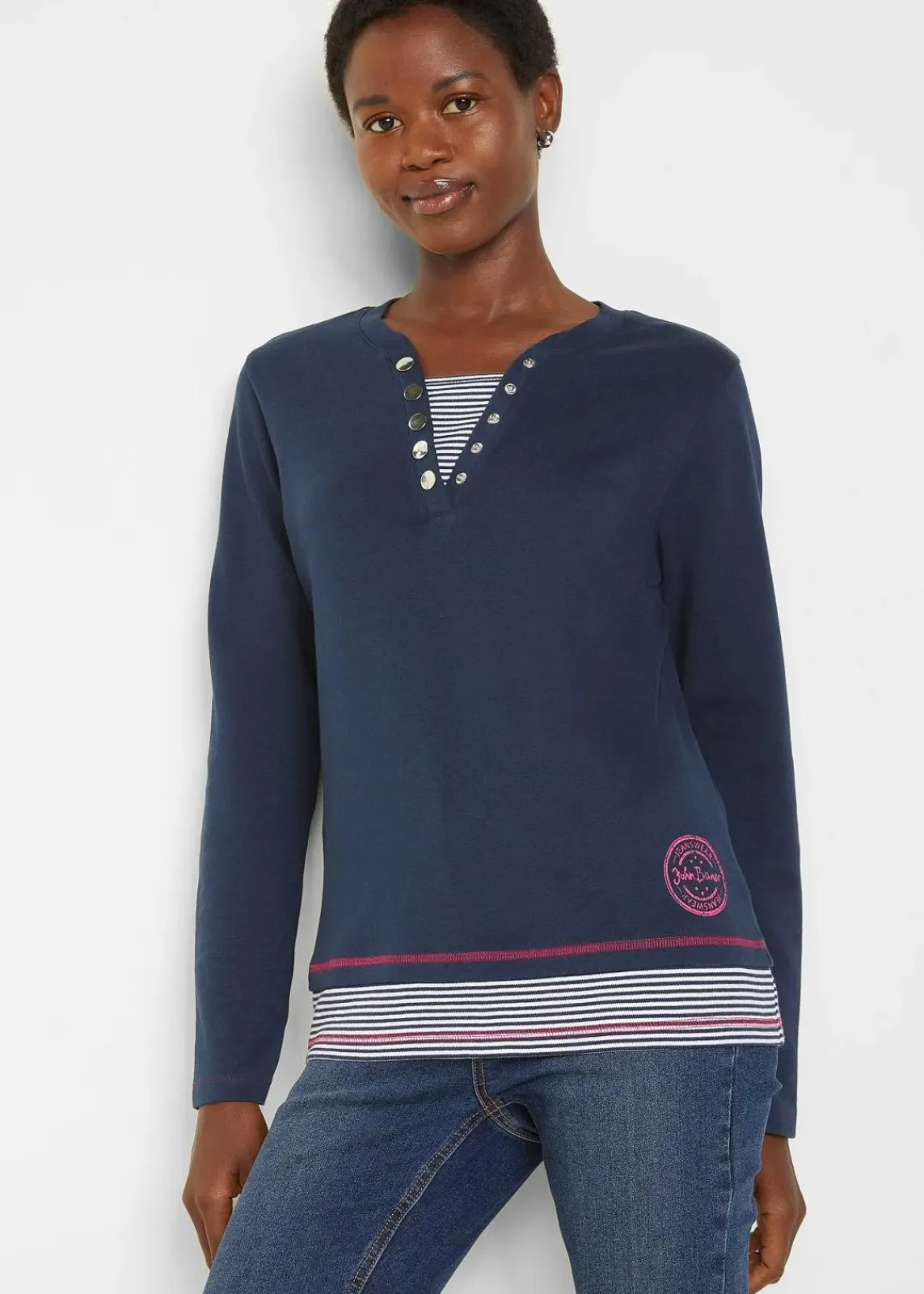 bonprix Nachhaltigere Materialien|Shirts & Tops^Baumwoll-Langarmshirt, 2 in 1-Optik dunkelblau/pinklady/weiß gestreift