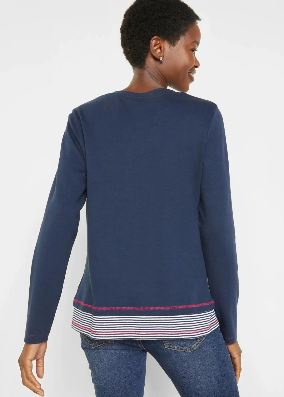 bonprix Nachhaltigere Materialien|Shirts & Tops^Baumwoll-Langarmshirt, 2 in 1-Optik dunkelblau/pinklady/weiß gestreift