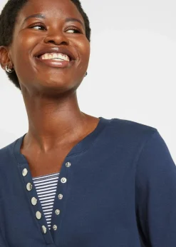 bonprix Nachhaltigere Materialien|Shirts & Tops^Baumwoll-Langarmshirt, 2 in 1-Optik dunkelblau/pinklady/weiß gestreift