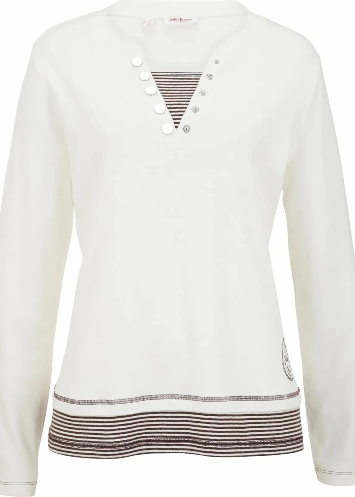 bonprix Shirts & Tops|Nachhaltigere Materialien^Baumwoll-Langarmshirt, 2 in 1-Optik wollweiß/dunkelbraun gestreift