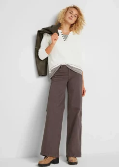 bonprix Shirts & Tops|Nachhaltigere Materialien^Baumwoll-Langarmshirt, 2 in 1-Optik wollweiß/dunkelbraun gestreift