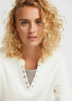 bonprix Shirts & Tops|Nachhaltigere Materialien^Baumwoll-Langarmshirt, 2 in 1-Optik wollweiß/dunkelbraun gestreift