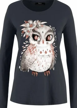 bonprix Shirts & Tops^Baumwoll-Langarmshirt mit Eulendruck schwarz