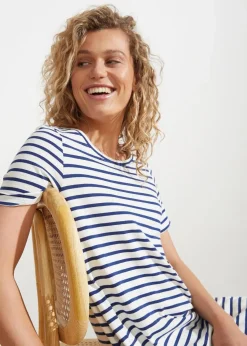 bonprix Kleider^Baumwoll-Shirtkleid aus Flammgarn wollweiß/mitternachtsblau gestreift
