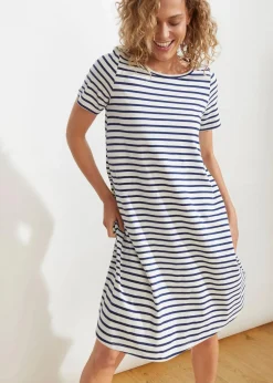 bonprix Kleider^Baumwoll-Shirtkleid aus Flammgarn wollweiß/mitternachtsblau gestreift