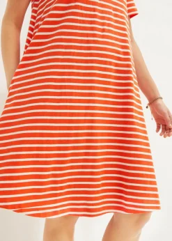 bonprix Kleider^Baumwoll-Shirtkleid aus Flammgarn mandarinrot/wollweiß gestreift