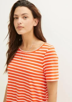 bonprix Kleider^Baumwoll-Shirtkleid aus Flammgarn mandarinrot/wollweiß gestreift