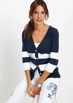 bonprix Bekleidung·Umstandsmode|Strickmode^Baumwollstrickjacke mit Streifen dunkelblau/weiß gestreift