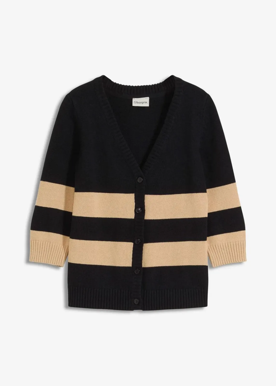 bonprix Bekleidung·Umstandsmode|Strickmode^Baumwollstrickjacke mit Streifen schwarz/latte macchiato gestreift