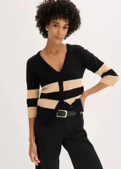 bonprix Bekleidung·Umstandsmode|Strickmode^Baumwollstrickjacke mit Streifen schwarz/latte macchiato gestreift