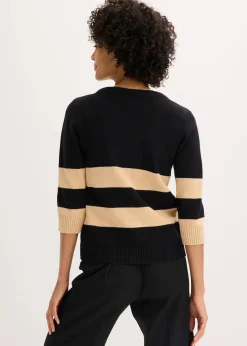 bonprix Bekleidung·Umstandsmode|Strickmode^Baumwollstrickjacke mit Streifen schwarz/latte macchiato gestreift