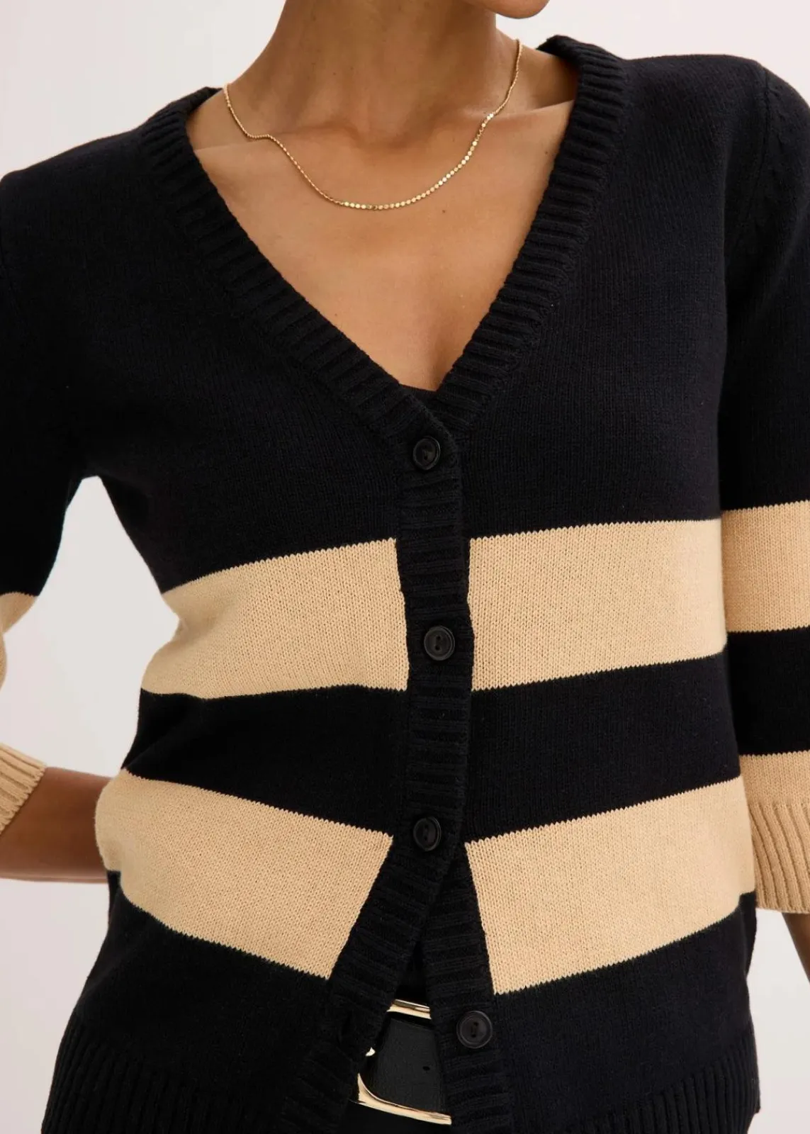 bonprix Bekleidung·Umstandsmode|Strickmode^Baumwollstrickjacke mit Streifen schwarz/latte macchiato gestreift
