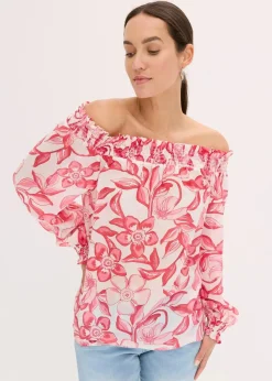 bonprix Bekleidung·Jacken & Mäntel|Blusen & Tuniken^bedruckte Carmenbluse weiß/pink floral