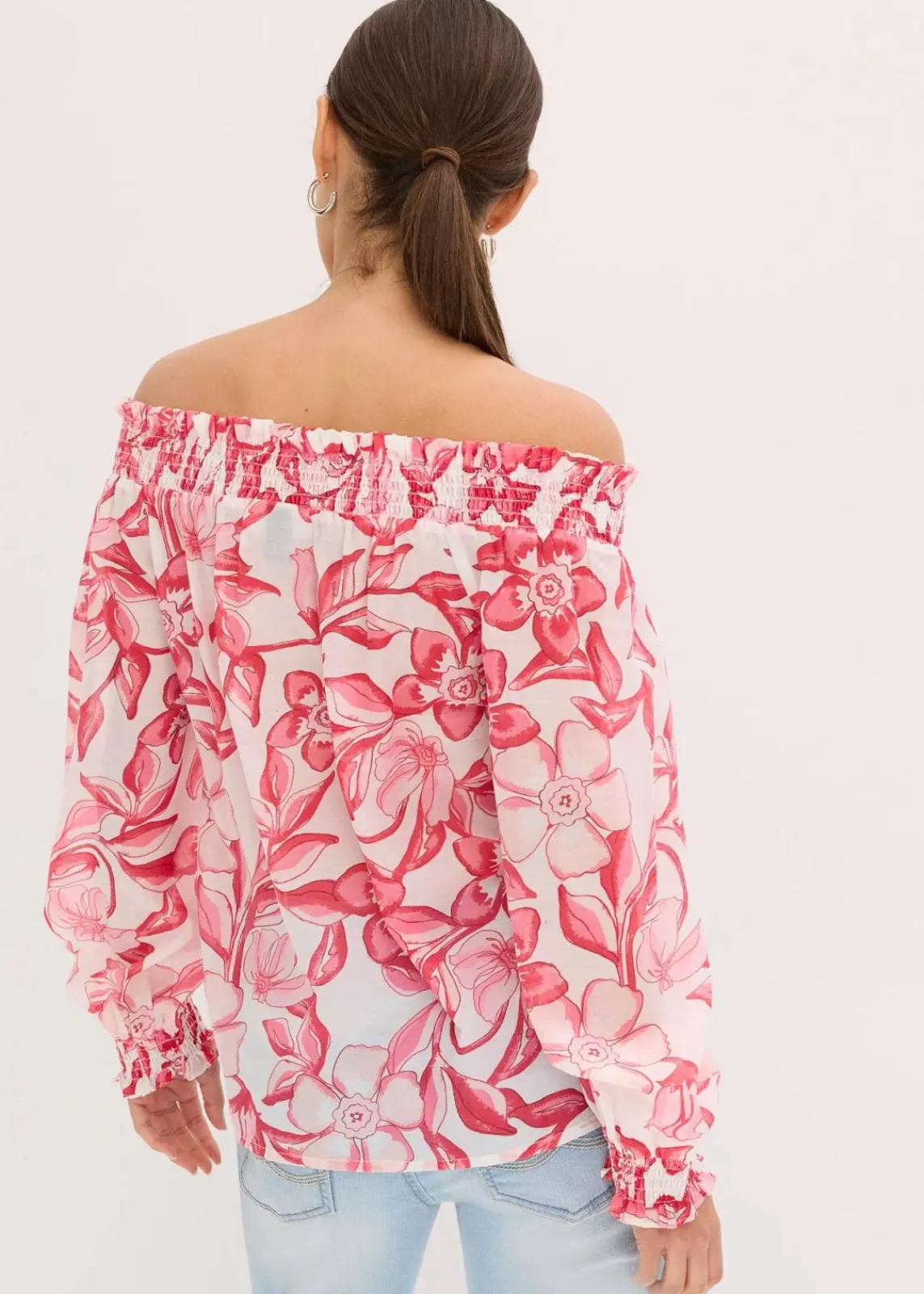 bonprix Bekleidung·Jacken & Mäntel|Blusen & Tuniken^bedruckte Carmenbluse weiß/pink floral