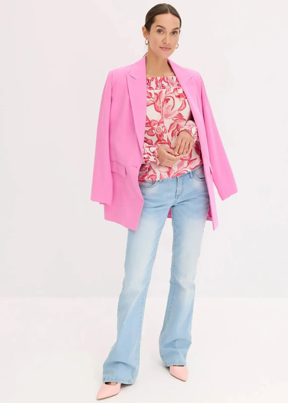 bonprix Bekleidung·Jacken & Mäntel|Blusen & Tuniken^bedruckte Carmenbluse weiß/pink floral